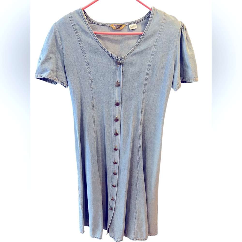 Vintage Light Blue Denim Short Sleeve Brass Button Midi Dress by Northwest Blue.